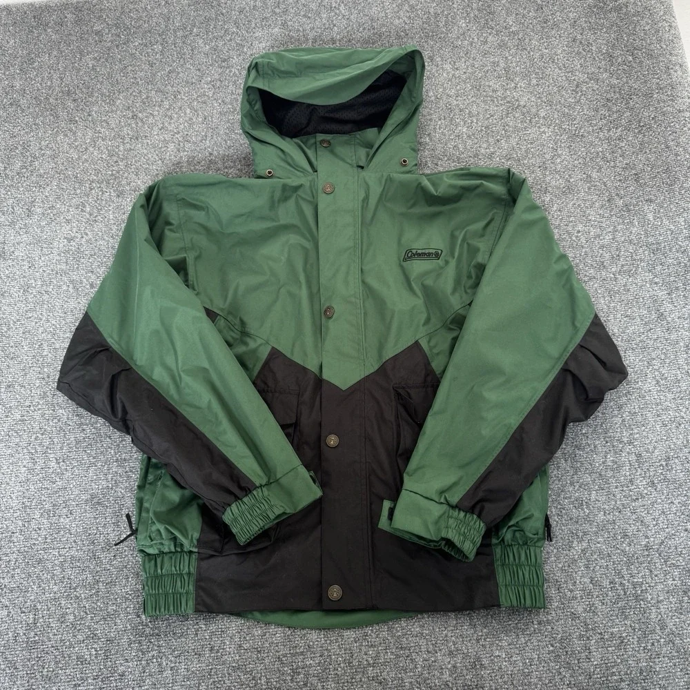 Vintage Coleman Mens Jacket M Green Full Zip Hooded Snap Button Lined Casual